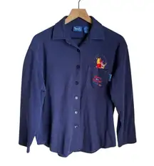 Disney Winnie the Pooh Ribbed Embroidered Button Up Top Navy Blue Size Small