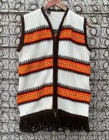 Vintage 70s knit striped zip up sweater vest with fringe