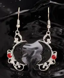 Hollow Synthetic Gemstone Black Moon Inlaid Red Rhinestone Drop Earrings Faux Fa