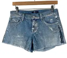 7 For All Mankind Y2K Low Rise Metallic Silver Denim Shorts