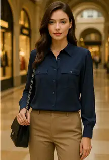 Giorgio Armani Made in Italy Navy Silk Blouse Luxury minimalist button-down