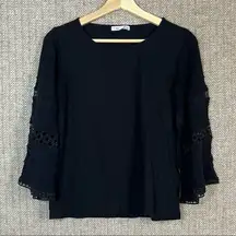 DEX black crochet cut out boho bell sleeve blouse