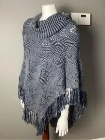 BCBG MaxAzria poncho sweater turtle funnel neck fringe denim blue grey one size