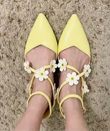 Asos Design Yellow Faux Leather Lydia Pointed Ballet Flats with White Flowers