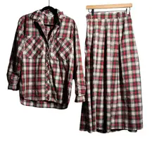 VTG Red Plaid Maxi Skirt Set Holiday Country Core Cotton Long Sleeve Buttons 10