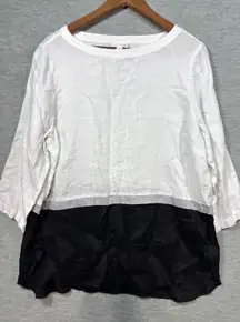 Love Linen J Jill Shirt‎ Top L Tall White Black Color Block 100% Linen Lagenlook