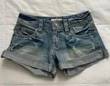 Japanese brand light wash denim mini shorts with cuffed hem