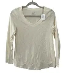 NWT J. Jill Ivory Voile Trim Slub‎ Tee V Neck Long Sleeve Cotton Women XS Shirt