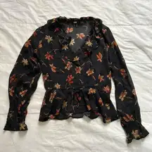 Paige silk Black dark floral blouse with ruffles 100% silk Size medium