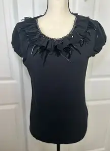 Silver Chain Feather Beaded Bow Sleeve Black Top Forever 21‎ Large Whimsigoth