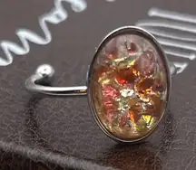 Vintage Fire Opal Glass Ring – Adjustable Stainless Steel | 1970s Cabochon