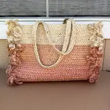 Shiraleah  Chiara Ombré Jute Tote Bag Fringe Beach Cruise Pink Coral Peach