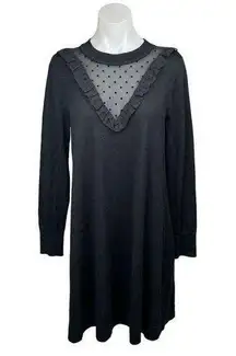 Ann Taylor LOFT Black Polka Dot Mesh Ruffles Long Sleeve Midi Sweater Dress Sz M