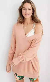 Aerie Down To Earth V-Neck Sweater in Peach