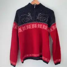 Vintage Jones NY Sport Winter Wool Deer Snowflake Zip Sweater Large L Holiday