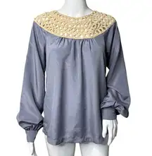 Esley Shirt Womens Small Blue Cream Open Weave Blouse Boho Bohemian Neutral