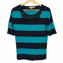 Boden Bead Embroidered Blue Striped Cap Sleeve Short Sleeve Pullover Sweater 2