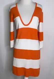 Tommy Bahama Orange White Striped Deep Plunge V Tunic Stretch Knit Top Small