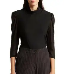 T Tahari Black Mesh Three Quarter Sleeve Turtleneck Blouse Sz M