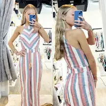 Bold Chevron Striped Halter Neck Cropped Wide Leg Tassel Jumpsuit Sleeveless