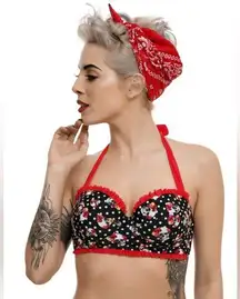 Hot Topic Skull Rose Retro Ruffle Underwire Halter Bikini Swimsuit swim top M