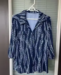 Charter Club Navy Blouse with with white chain button up-XL