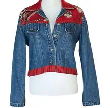 Vintage 90s Denim Jacket with Red Bandana Pattern Panels. 100% Cotton. Medium.