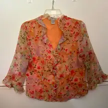 NOTATIONS 3/4 sleeve orange floral design blouse. Sheer sleeves, button down. S