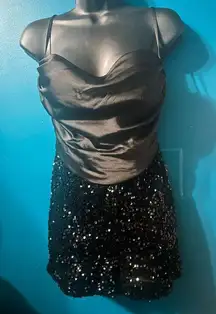 Fashion Nova Black Satin & Sequin Romper – Size S