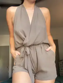 Taupe Romper with belt and pockets