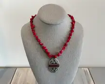 Fabulous Beaded  Necklace Red Stone Chips Silver Pendant