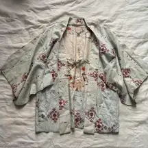 Japanese vintage mint and dot striped Haori with floral pattern lining