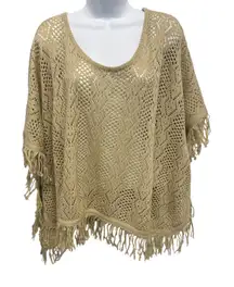 Nella Fantasia Tan Knit Poncho Sweater Fringe V Neck Women L XL*