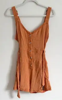 Anthropologie Gauzy Romper Size Medium Cedar Button Front Pocket Sleeveless Boho