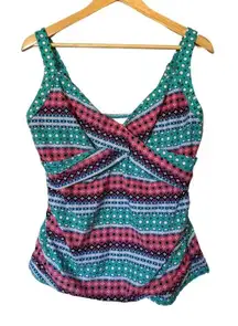 EUC Lands End Teal Striped Underwire Wrap Tankini SWIM TOP 14 DD Bathing Suit