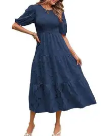 NEW Puff Sleeve Smocked Crewneck Lace Flowy Tiered Midi Dress L