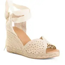 Maypol NEW Crochet Espadrille Wedge Sandals Peep Toe Ankle Wrap Cream Size 41