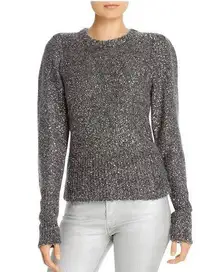 Frame Sequin Puff Sleeve Wool Crewneck Sweater in Smoke Gray Heather Size Small