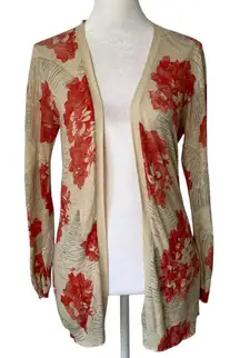 Guinevere Anthropologie cream & pink floral knit open front cardigan sweater, S