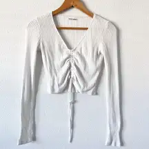 Reformation White V-Neck Ribbed Long Sleeve Ruched Front Tie Crop Top