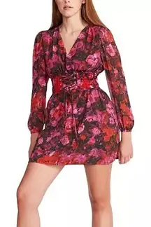 Steve Madden Diana Floral Chiffon Long Sleeve Mini Dress Large NWT Corset Waist