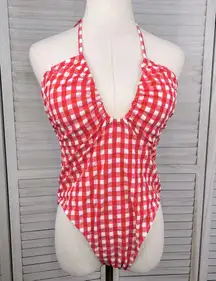 WILD FABLE Gingham Check One Piece Halter Neck Swimsuit Red & White-Medium