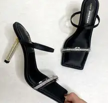 Good American Square Toe Rhinestone Gold Strappy Heels Black Satin 7