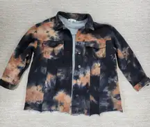 She + Sky Tie Dye Denim Jacket Black Orange Raw Hem Button Front Shirt S