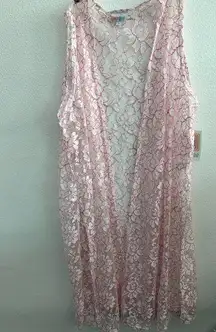 LuLaRoe Pink and white lace sheer sleeveless open duster vest NWT lace boho romantic Joy