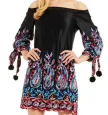 Nicole Miller New York  Off Shoulder Embroidery Dress Black Paisley Size 4