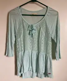 Hollister Light Green Sheer Lace Yoke 3/4 Sleeve Shirt