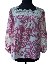 Zac & Rachel Boho Floral Lace Crochet Peasant Blouse Magenta Pink White Medium