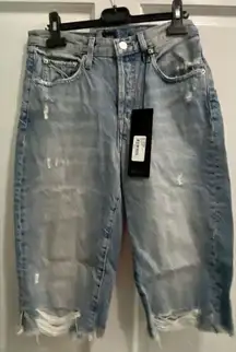 EDWIN Women's CAI Shorts Slayer Blue 26" Bermuda Distressed Denim Jean Short NWT