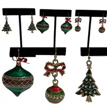 None Christmas Earrings Tree Ornament Bow Bauble Holiday Dangle Bundle Lot of 3 Pairs